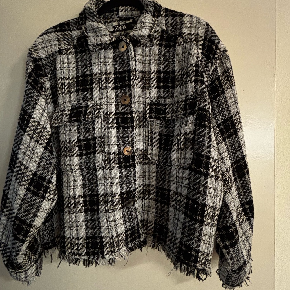 Zara Black and White Plaid Teddy Jacket